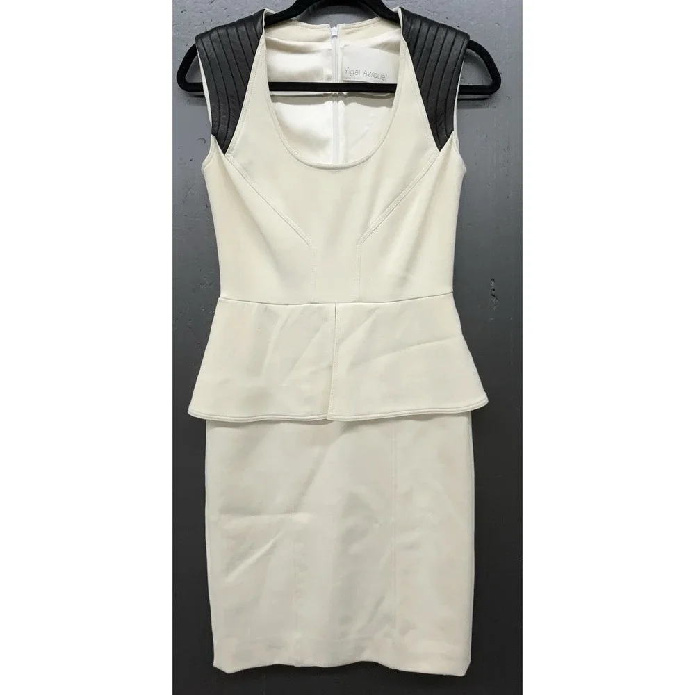 Yigal Azrouel Dress‎ 4 Winter White Cream Wool Silk Lined Leather Stretch Chic
